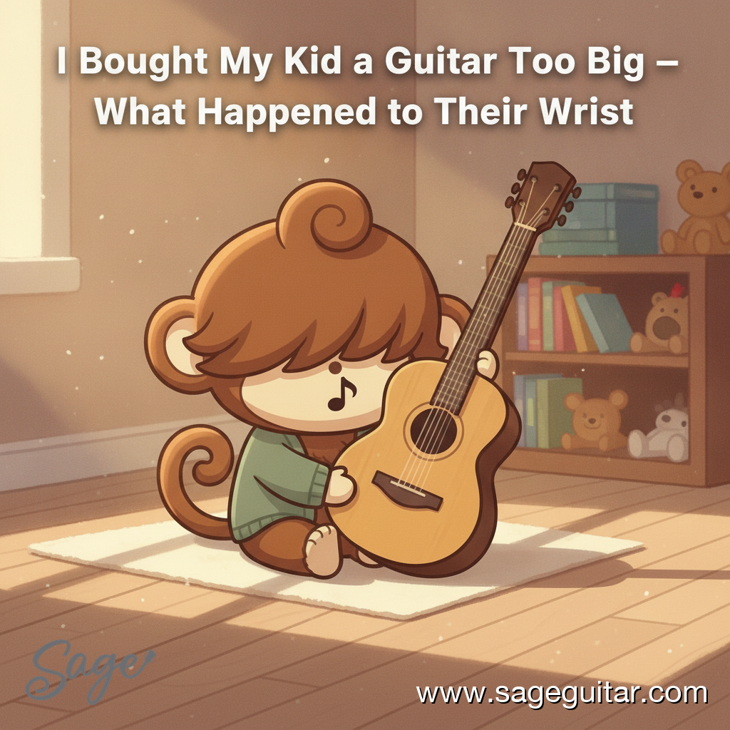 BabySage happily playing a 3/4 acoustic guitar on a bedroom floor