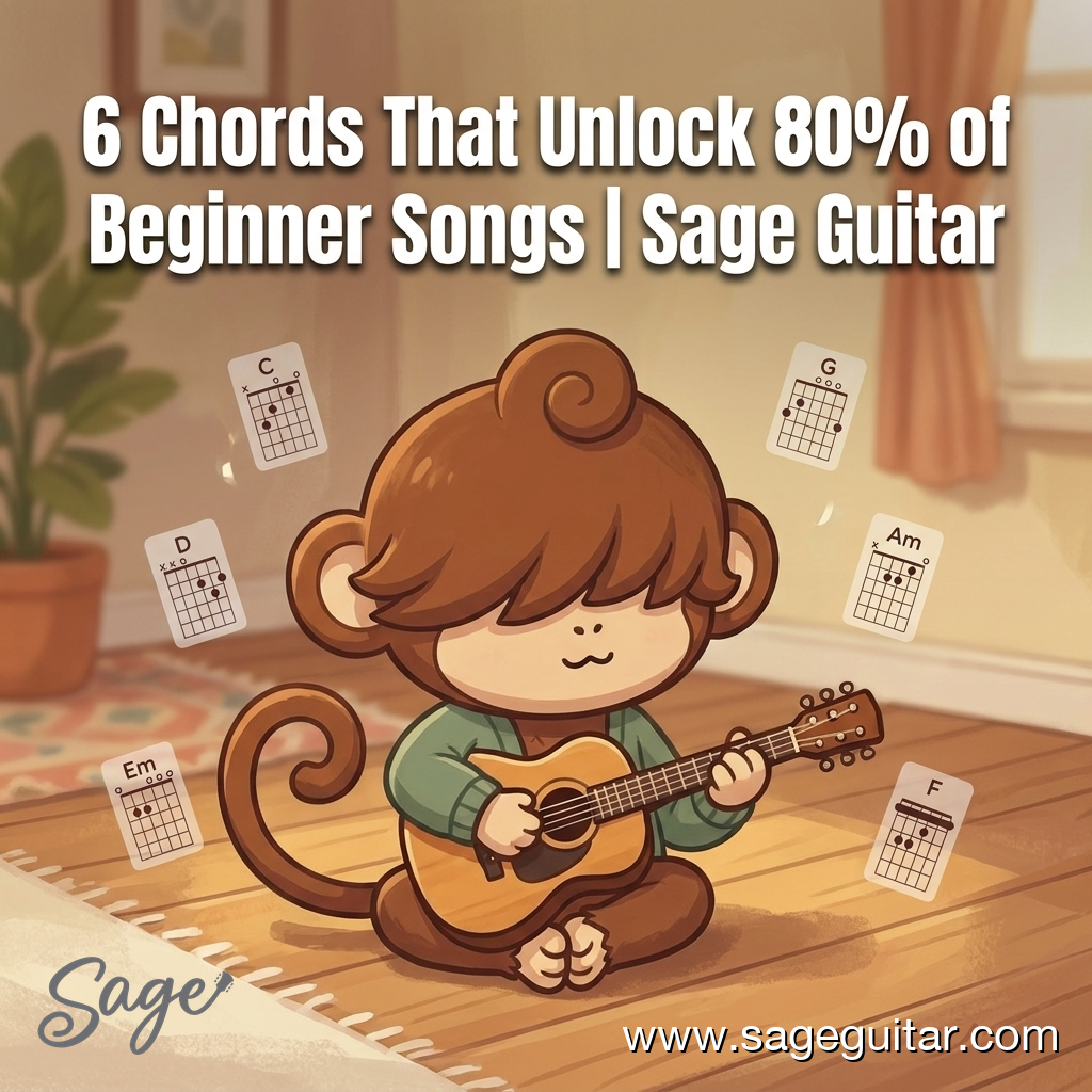 BabySage playing acoustic guitar surrounded by six floating chord diagrams