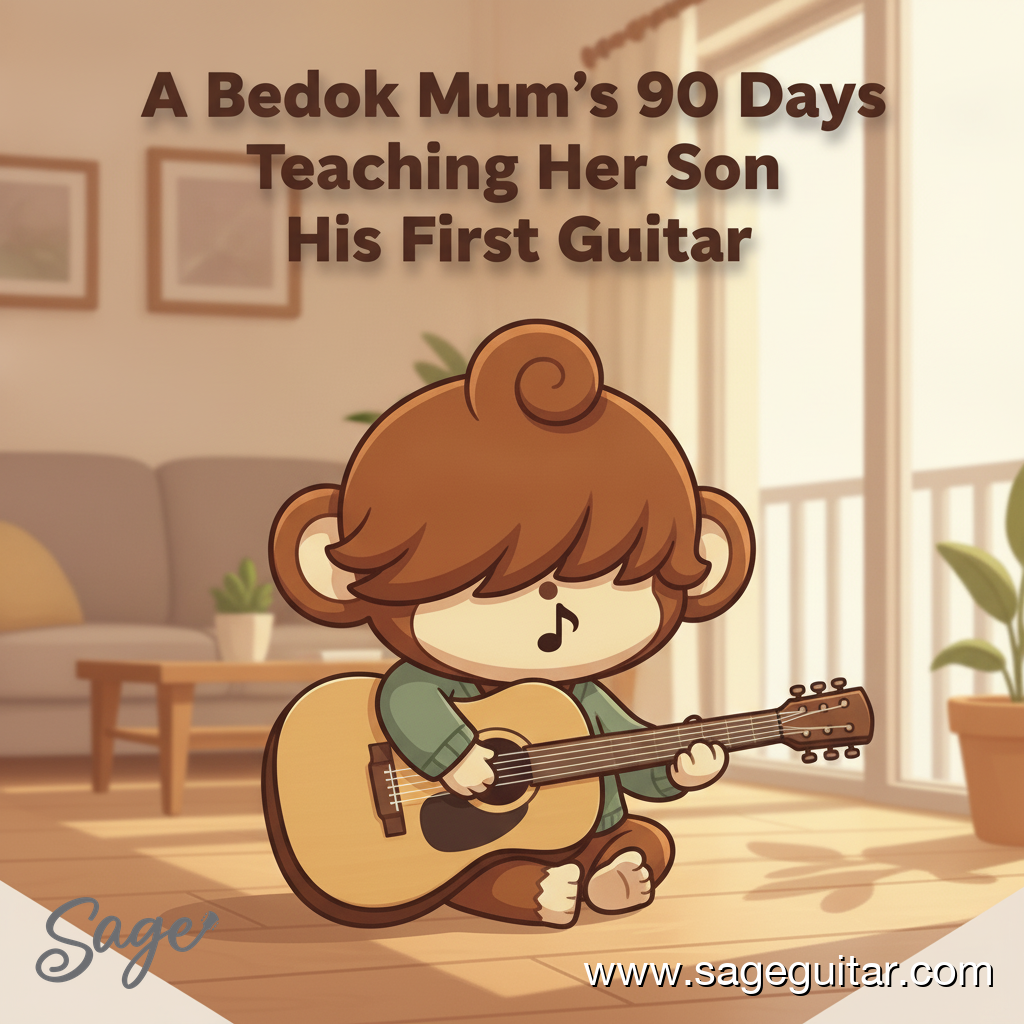 BabySage character sitting on HDB floor holding a small acoustic guitar