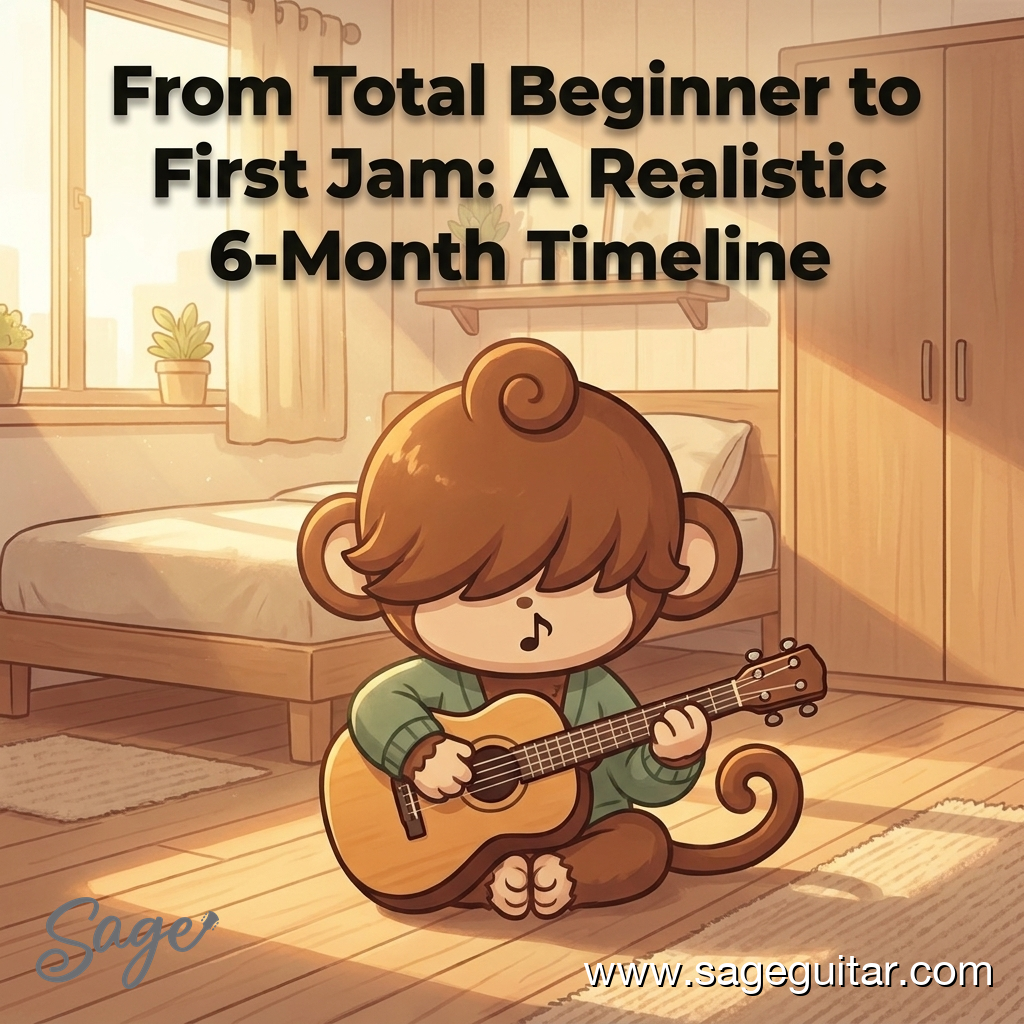 BabySage practising a 3/4 acoustic guitar on a sunlit HDB bedroom floor