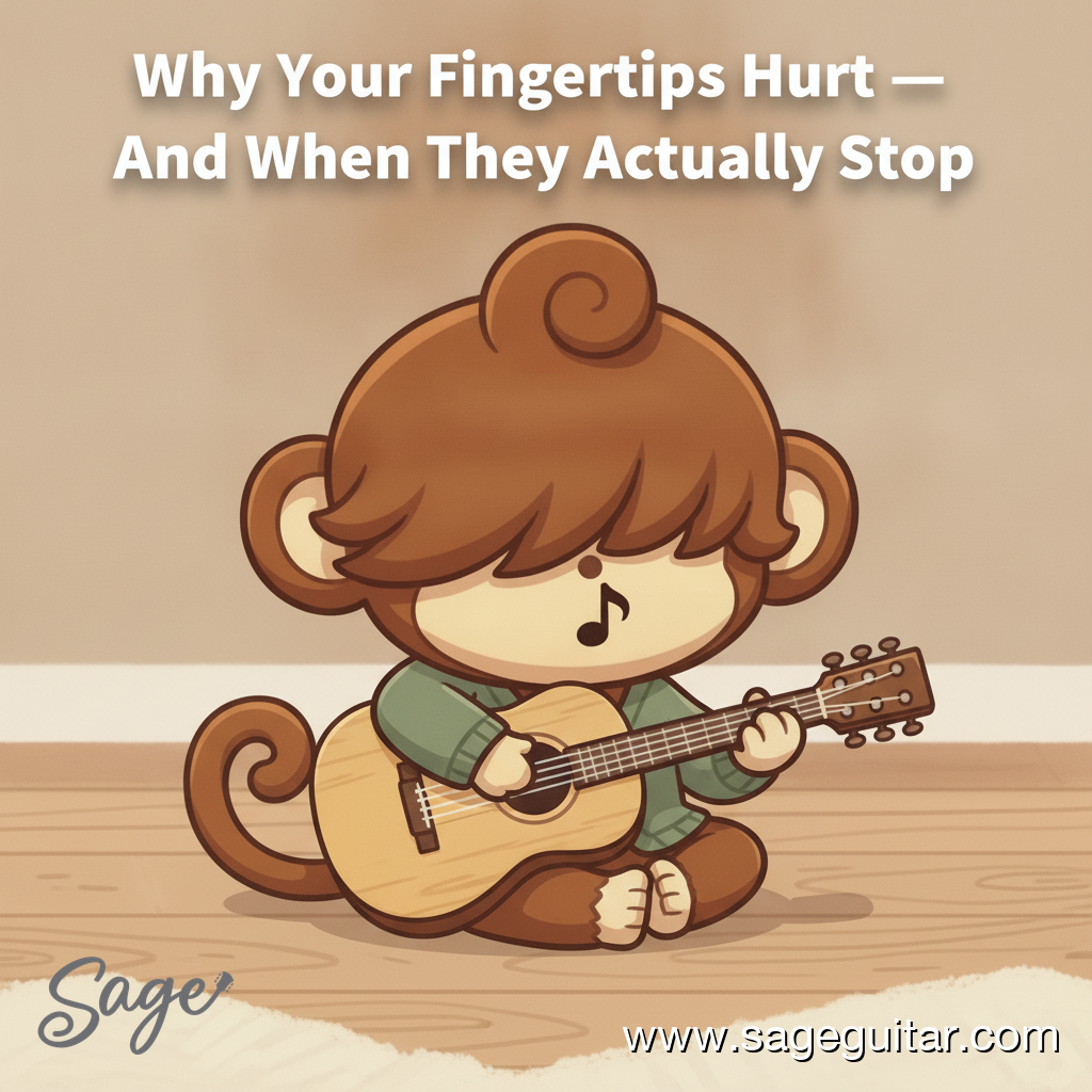 BabySage pressing a finger to a guitar fretboard with a determined expression