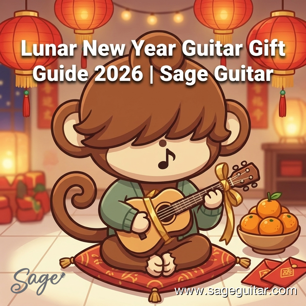 BabySage holding a gift-wrapped acoustic guitar surrounded by CNY red lanterns