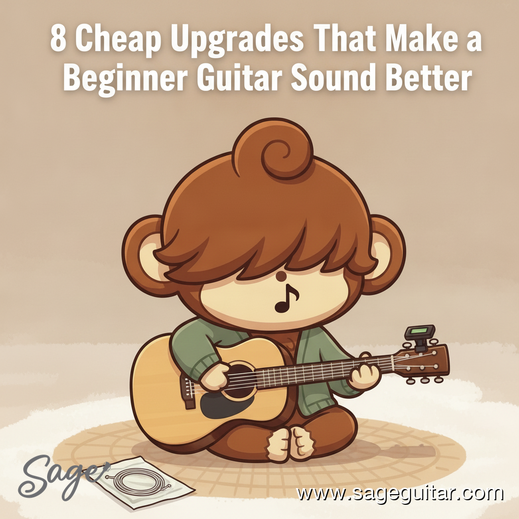 BabySage tuning a 3/4 acoustic guitar with a clip-on tuner and fresh strings nearby