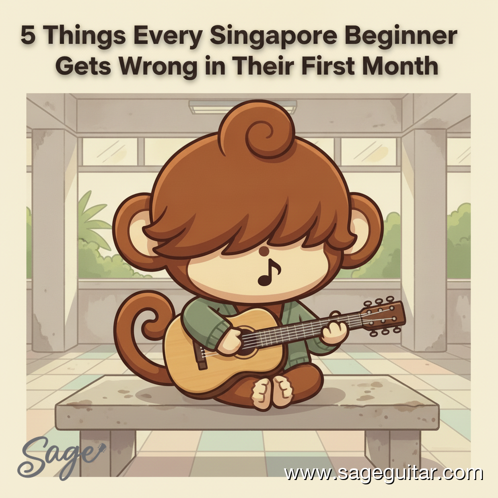 BabySage mascot sitting on a void-deck bench trying his first guitar chord