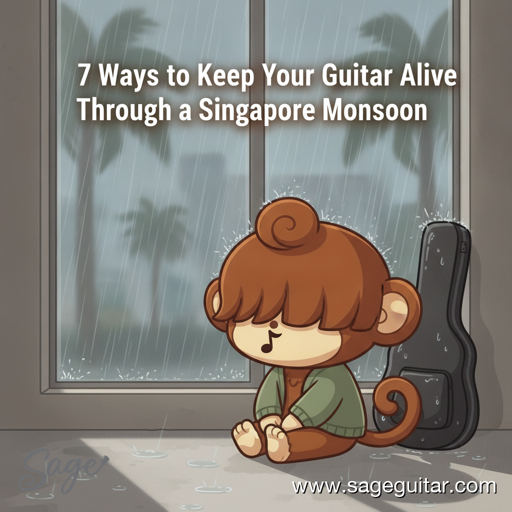 BabySage sheltering his acoustic guitar in a gig bag on a rainy Singapore void deck