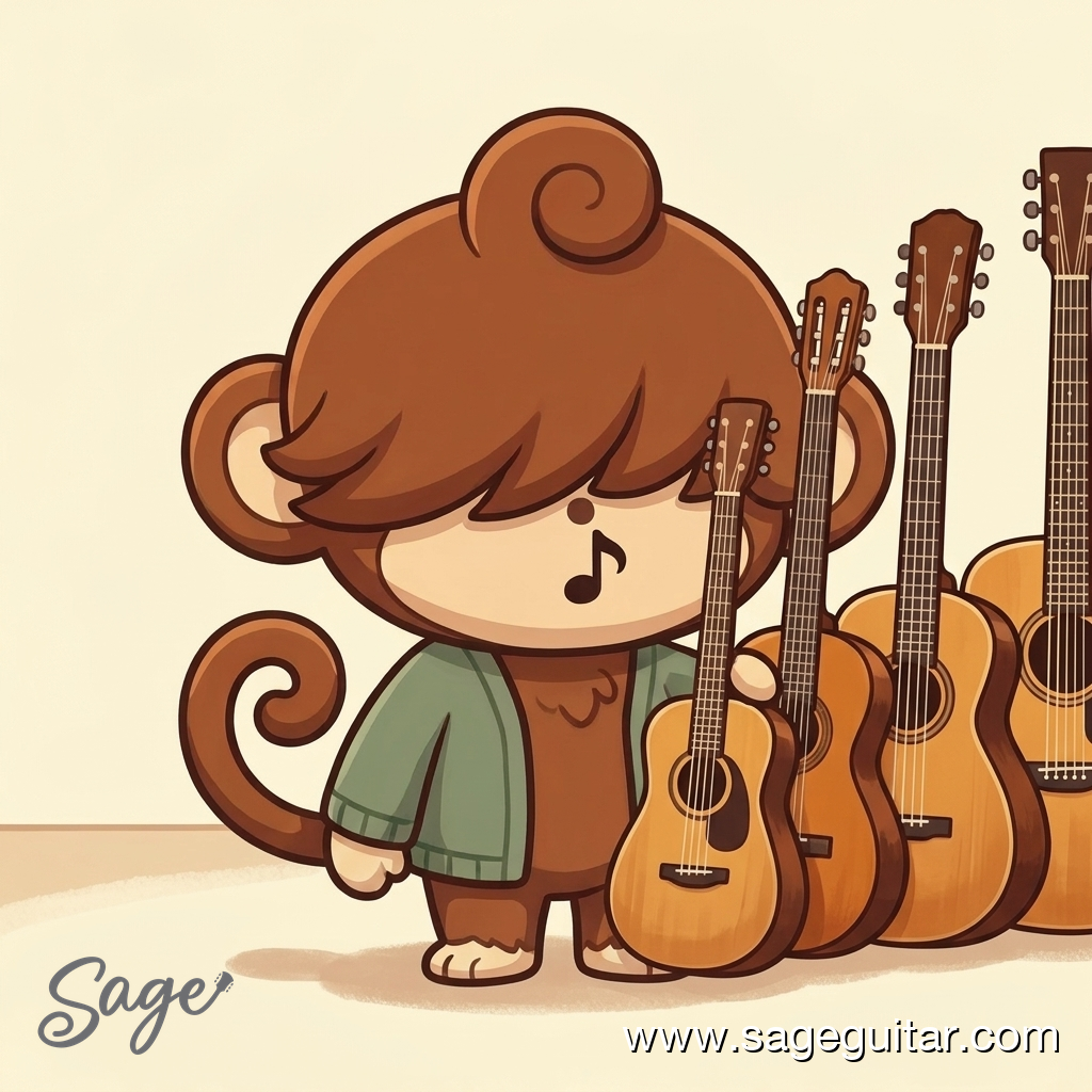 BabySage beside acoustic guitars of increasing size