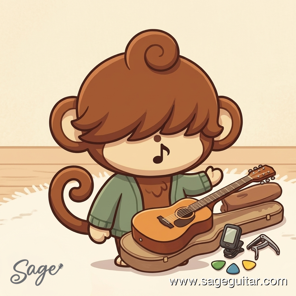 BabySage with a beginner bundle of guitar, tuner, capo and gig bag