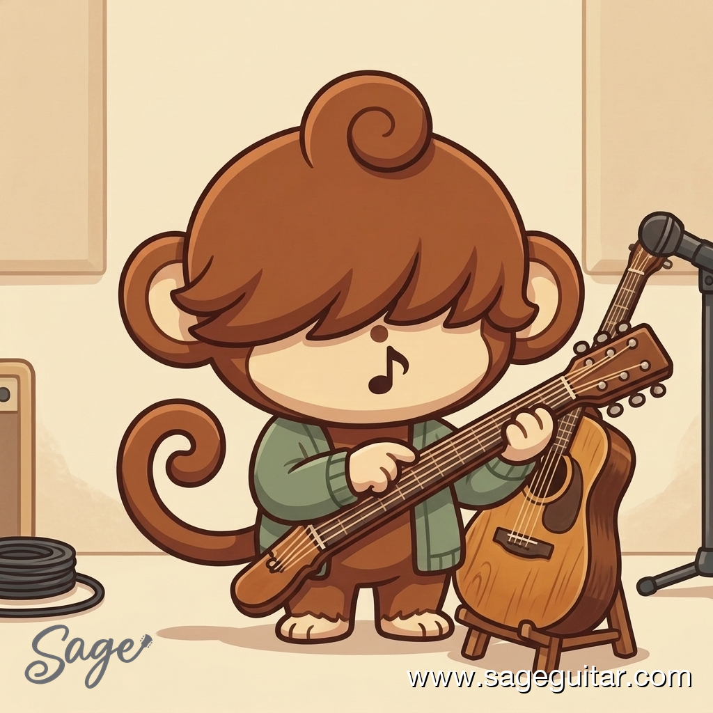 BabySage inspecting an acoustic guitar carefully before buying