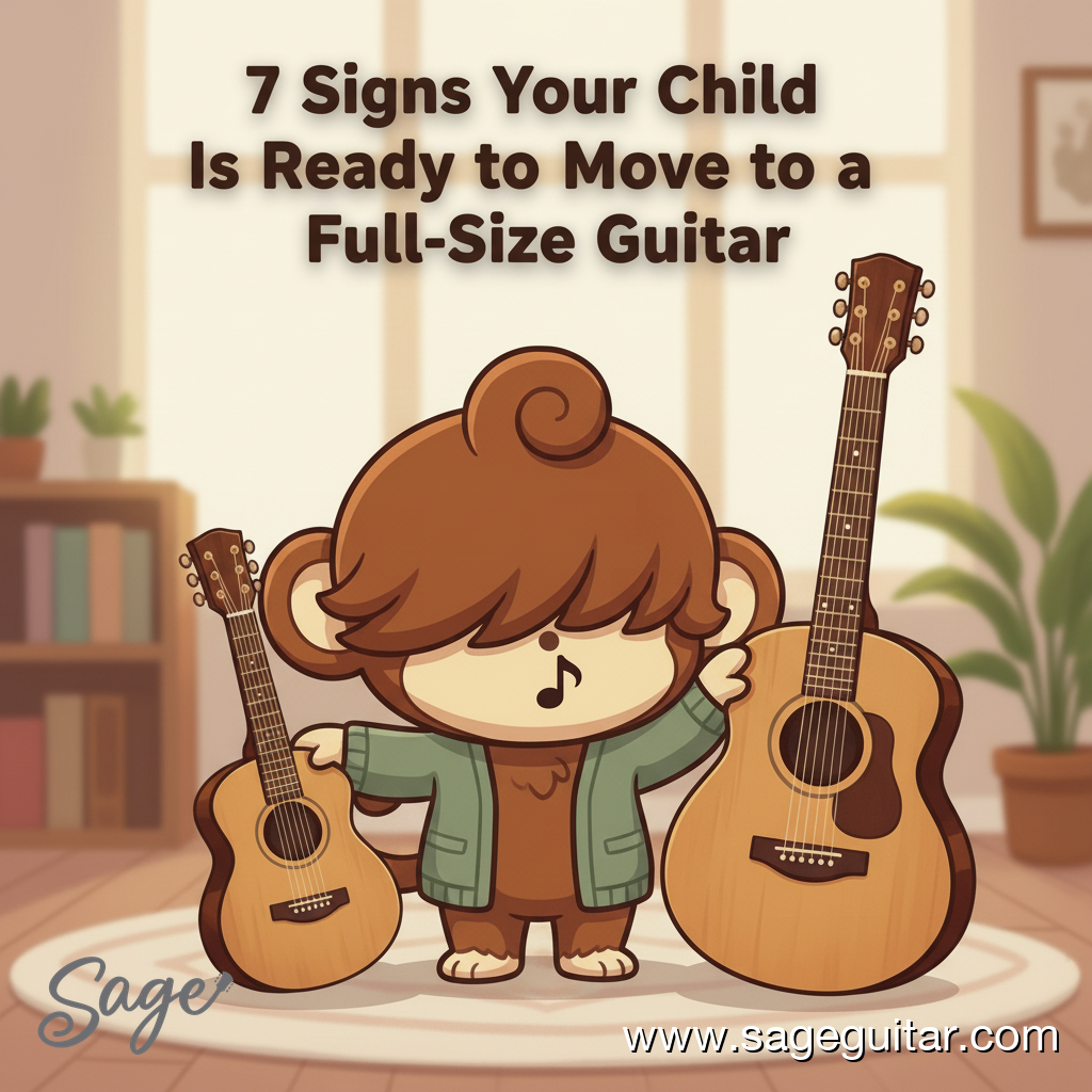 BabySage mascot standing between a 3/4 and a full-size acoustic guitar, deciding which to choose.