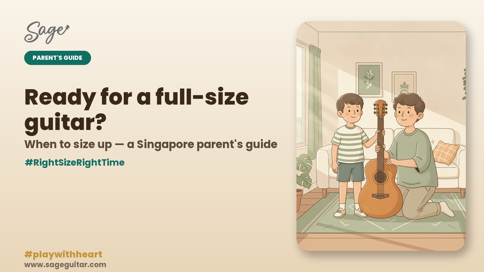Parent helping child try a full-size acoustic guitar — Singapore sizing guide by Sage Guitar