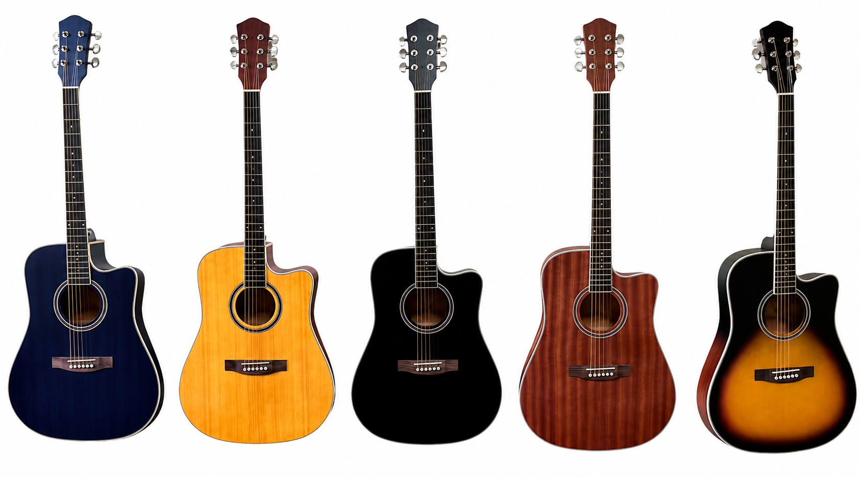 SageBasic 41 inch acoustic guitar in five colours — black, natural, mahogany, dark blue and sunburst