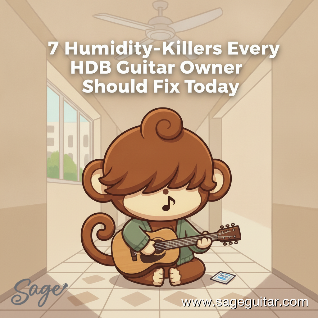 BabySage caring for his guitar in a humid HDB corridor with a ceiling fan above