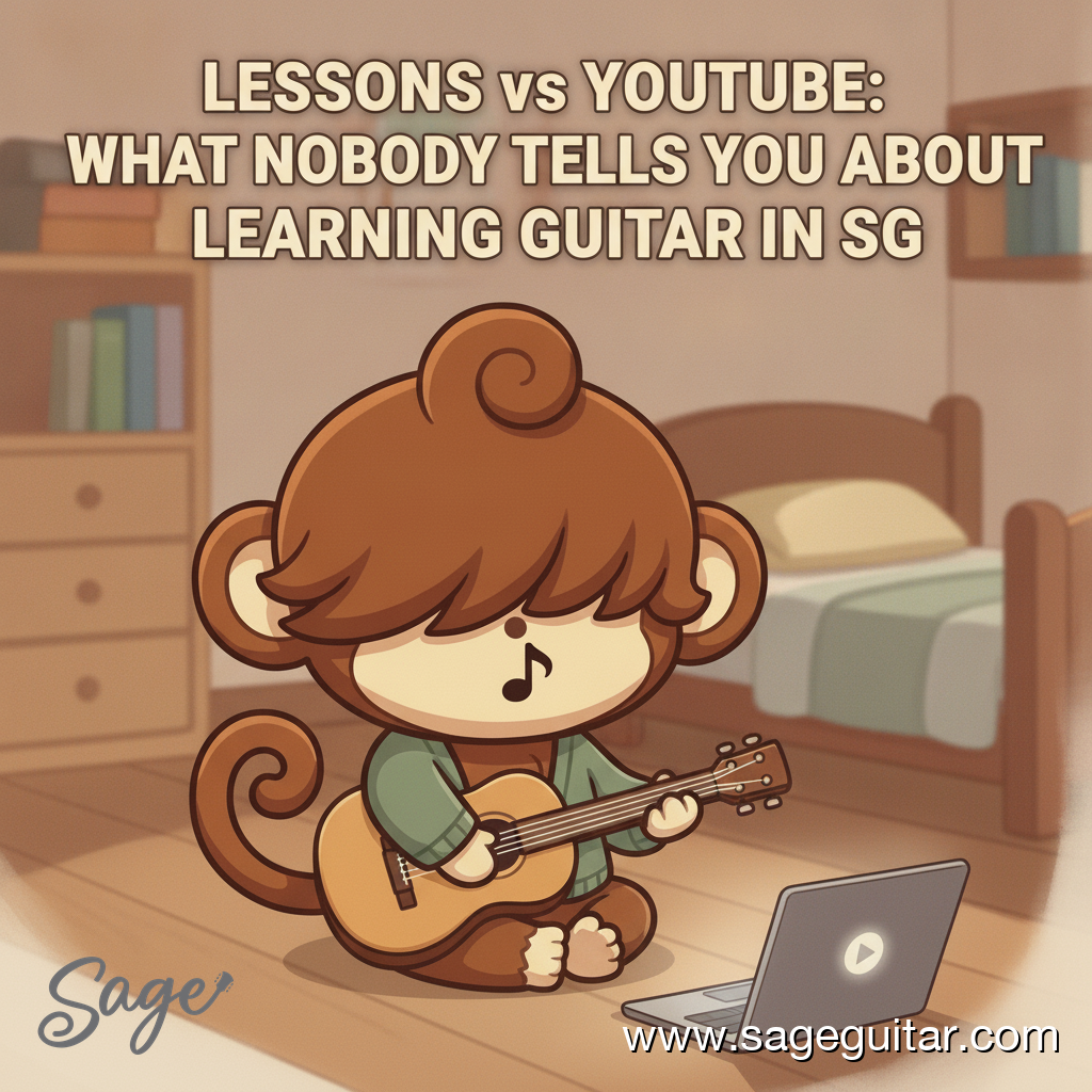 BabySage on HDB floor with guitar and laptop showing a paused tutorial.